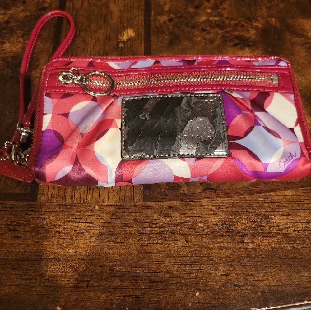 Coach Pink Purple Multi Circle Print Wristlet rehab=Creed